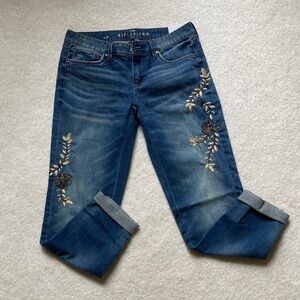 White House Black Market Blue Jeans with Gold Embroidery